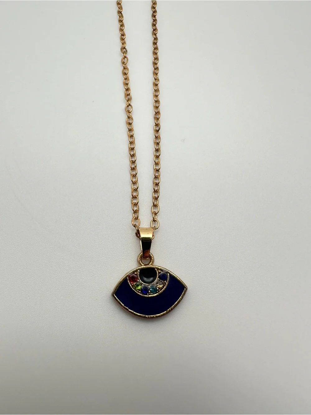 Gold-Tone Evil Eye Pendant Necklace with Blue Enamel and Multicolor Stones